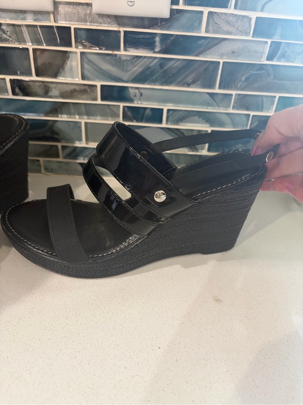 Italian Shoemakers Black Patent & Elastic Wedge Sandals Size 7